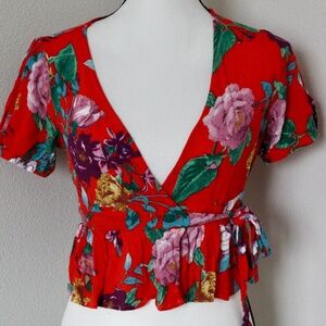 Vibrant Red Floral Print Deep V-Neck Peplum Wrap Top